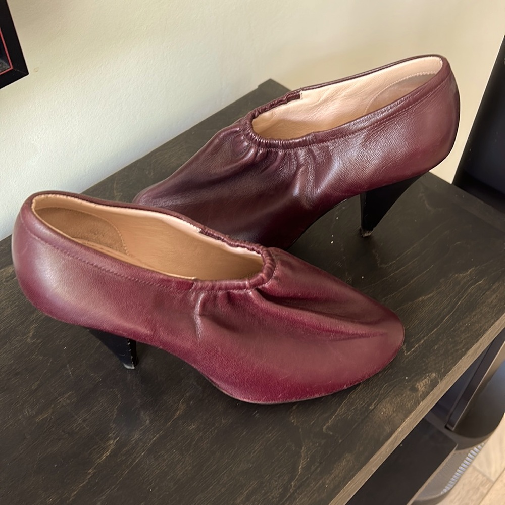 Celine leather ankle booties with ruched elastic detail